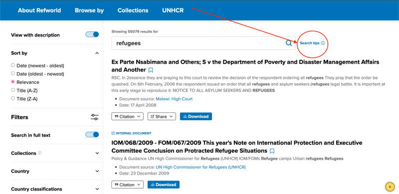 Screenshot of the search results page with an arrow pointing to where the search tips button is