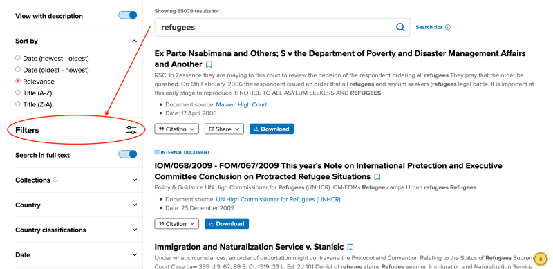 Screenshot of the search results page with an arrow pointing to filters