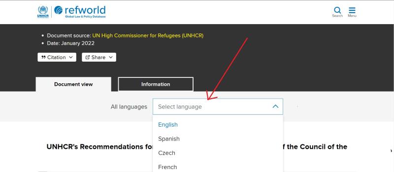 Screenshot of document view with arrow pointing to languages dropdown