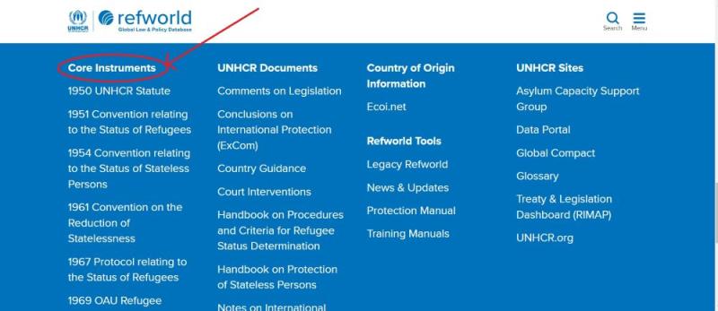 screenshot of footer with arrow pointing to core instruments