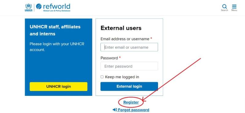 screenshot of login page with arrow pointing to register